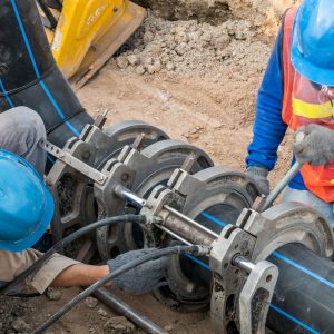 Image of contractors on large pipe