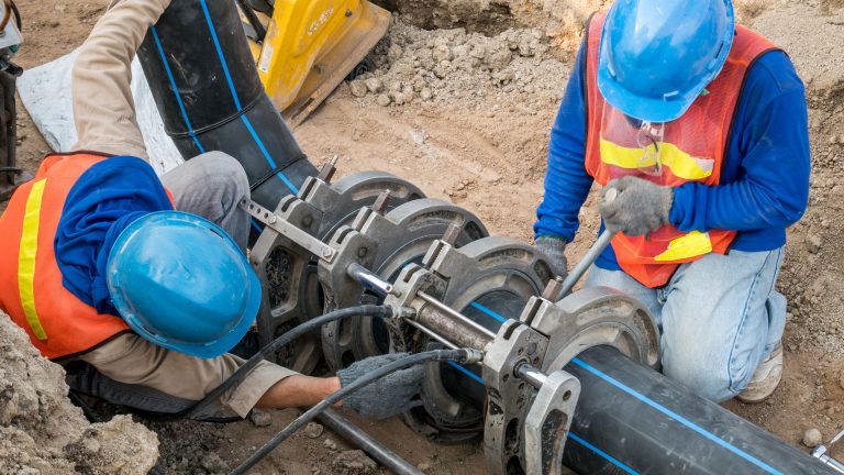 Image of contractors on large pipe